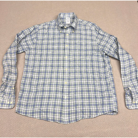Brooks Brothers Linen Shirt Mens Large Plaid Button Down Classic Summer - Picture 1 of 6